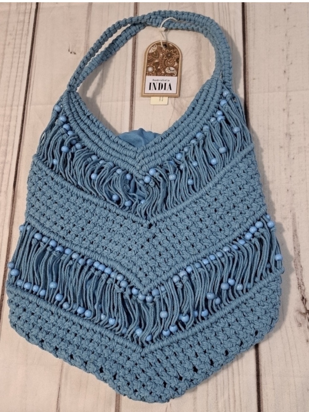Boho Crochet Fringe Beaded Tote Bag